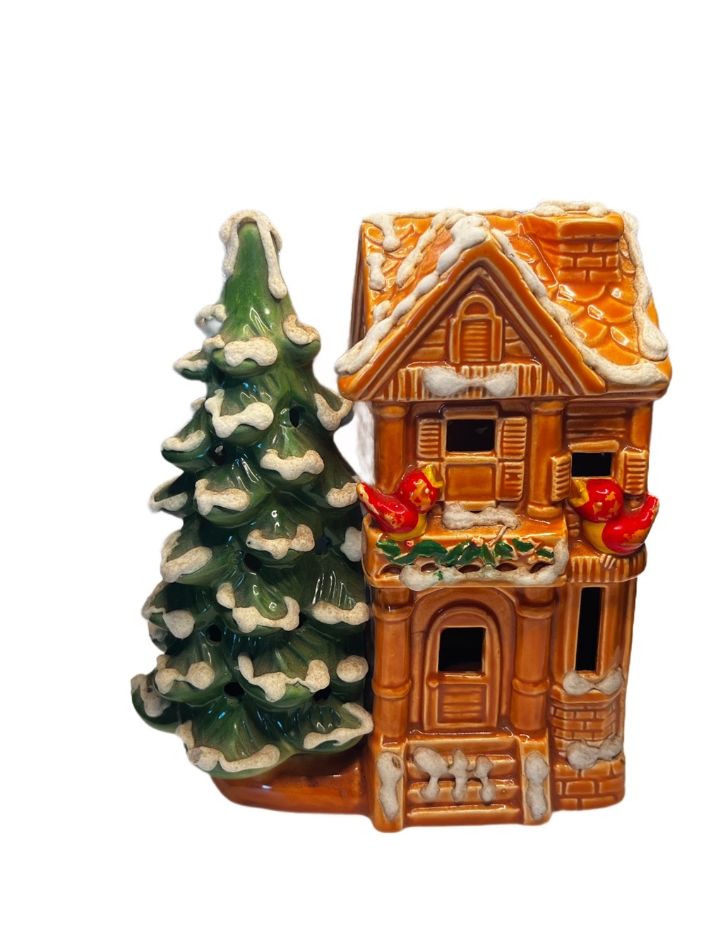 Vintage Lefton Ceramic Christmas Village Victorian House with Tree. 1980 Unlit